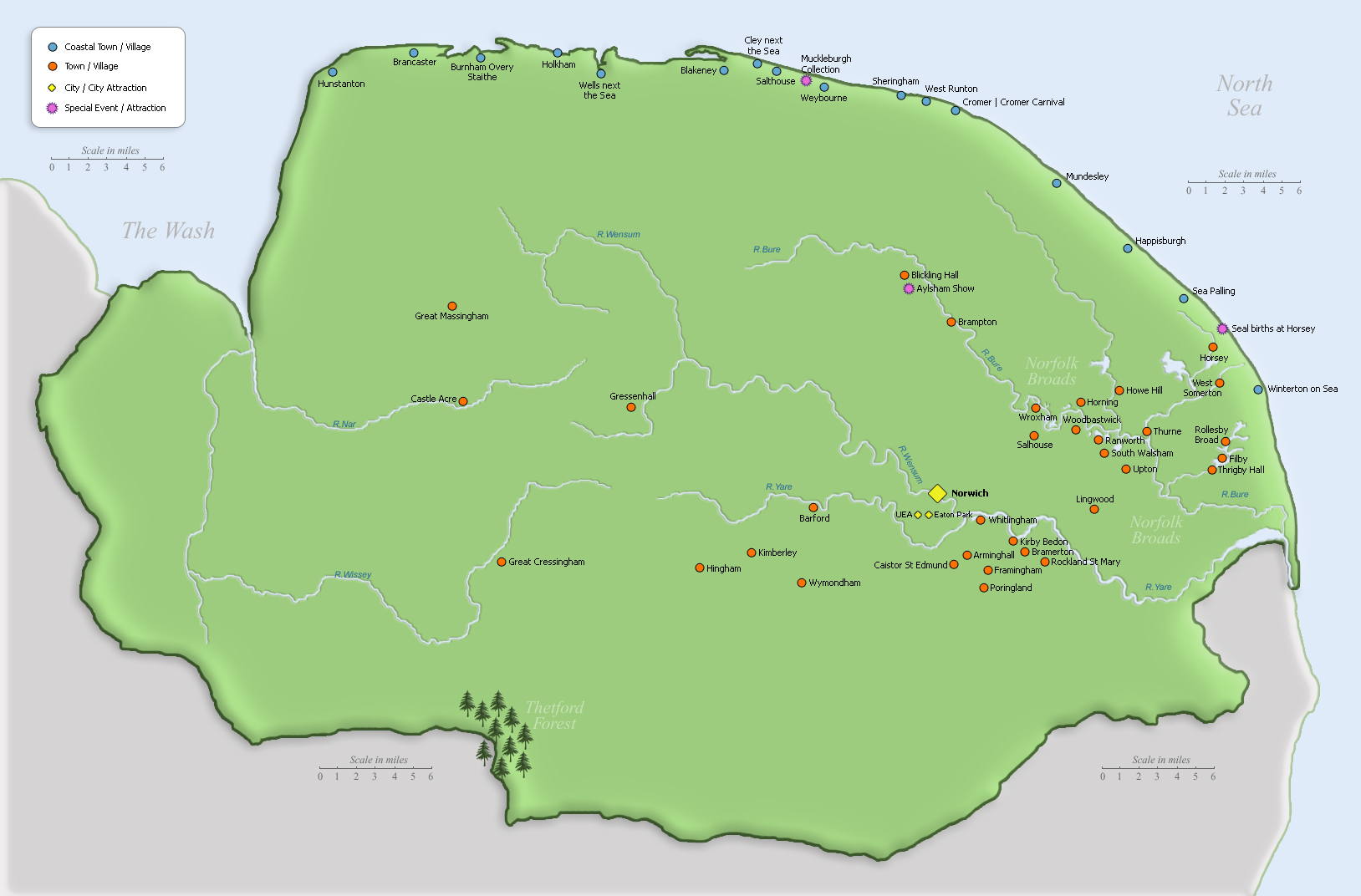 Norfolk map, East Anglia, UK